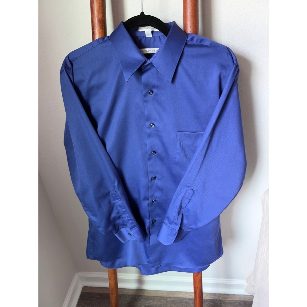 Geoffrey Beene Mens Royal Blue Sateen Dress Shirt Large 16.5 32/33 Wrinkle Free
